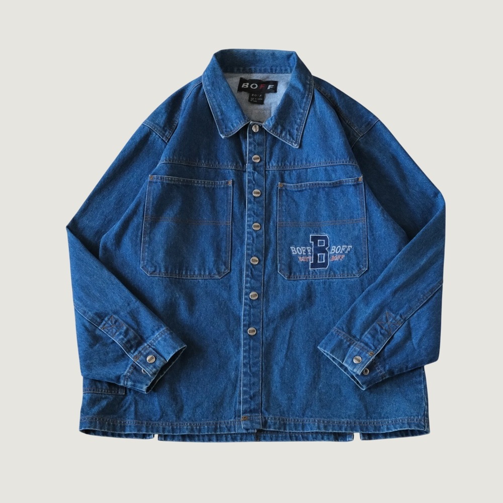 BOFF Denim Jacket Mens Blue Embroidered Logo Vintage Oversized L Chore Coat
